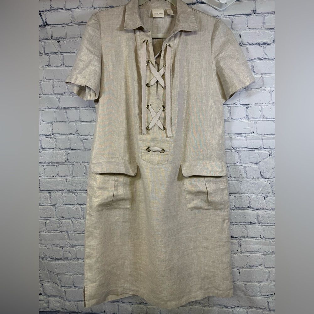Chicos Oatmeal Gold Foiled Linen Lace Up Classic Coastal Short Shift Dress S